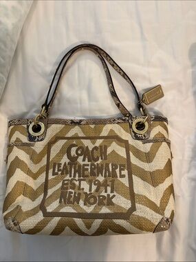 Coach Beige & White Signature Canvas Tote with Gold Hardware